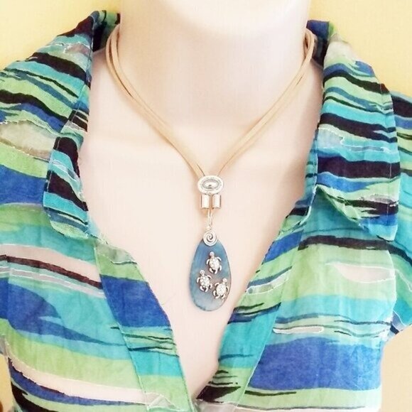 Sexy Beach Sea Turtle Agate + Faux Leather Necklace - 24" ~ Beachy Ocean Boho - Picture 7 of 11